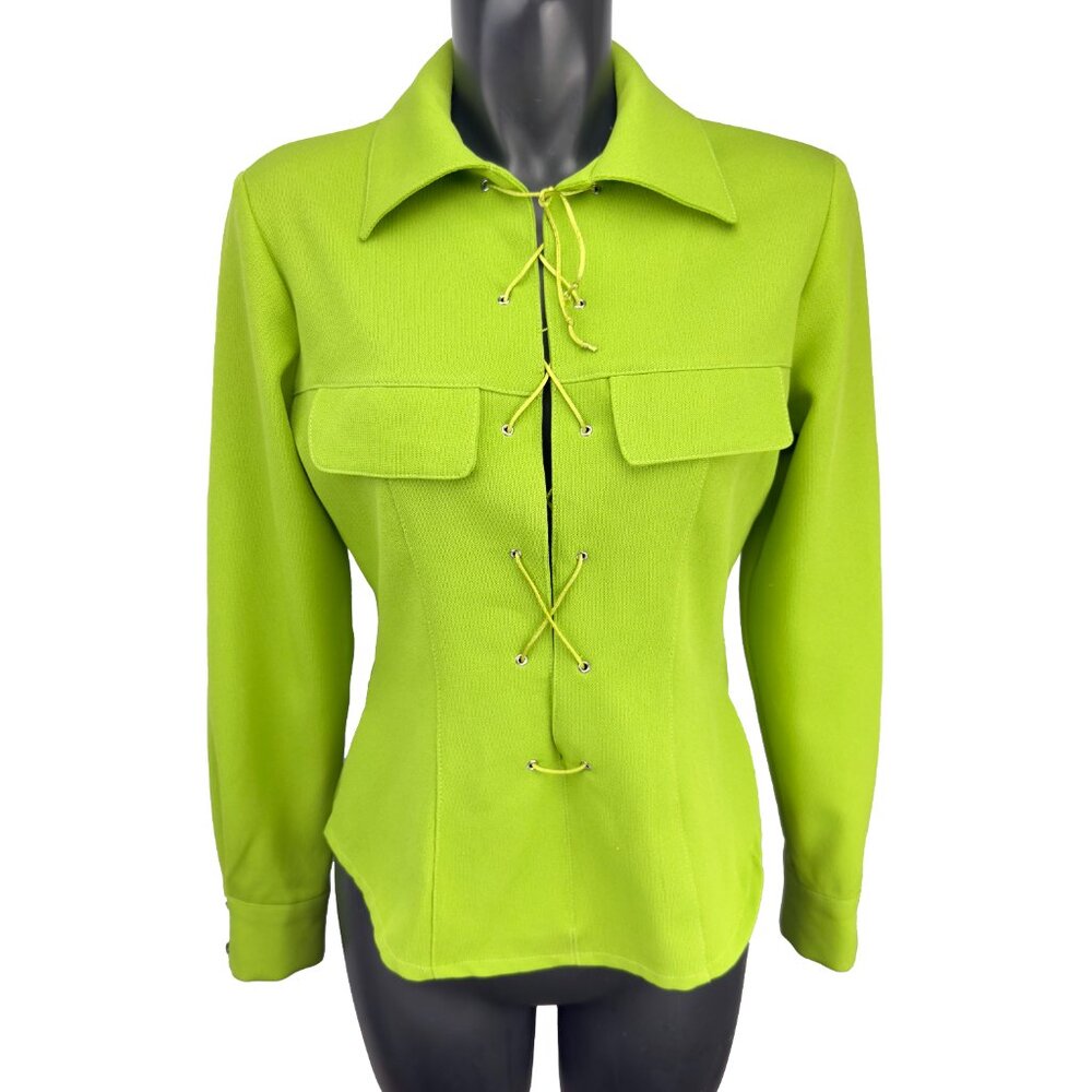 SANDRO Made in France Lace-Up Collared Long‎ Sleeve Lime Green Top Blouse US 6
